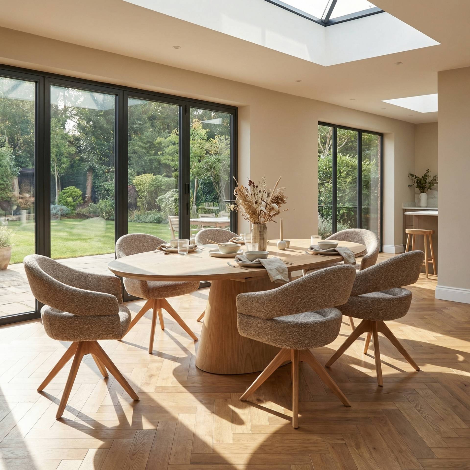 Modern dining room set featuring a large rectangular wooden dining table with black legs and eight grey fabric dining chairs from Furniture Outlet UK