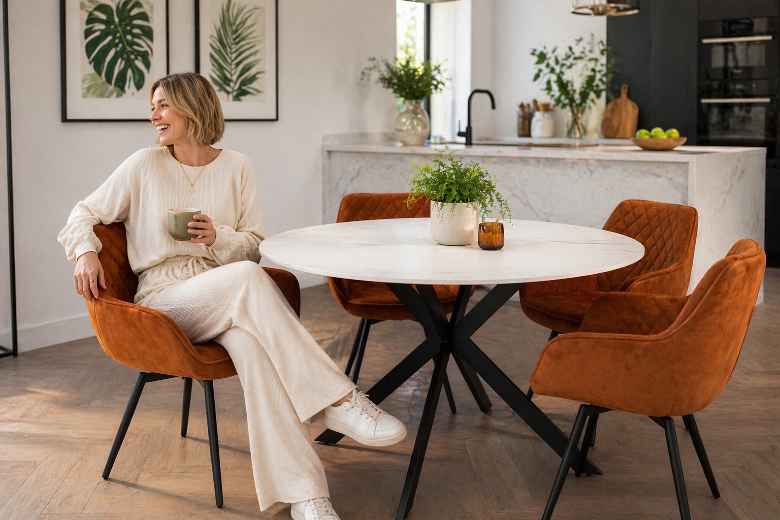 Woman sitting in a burnt orange velvet swivel dining chair at a white stone round table, demonstrating the pivot function in a modern kitchen-diner [Interior Design Mockup]