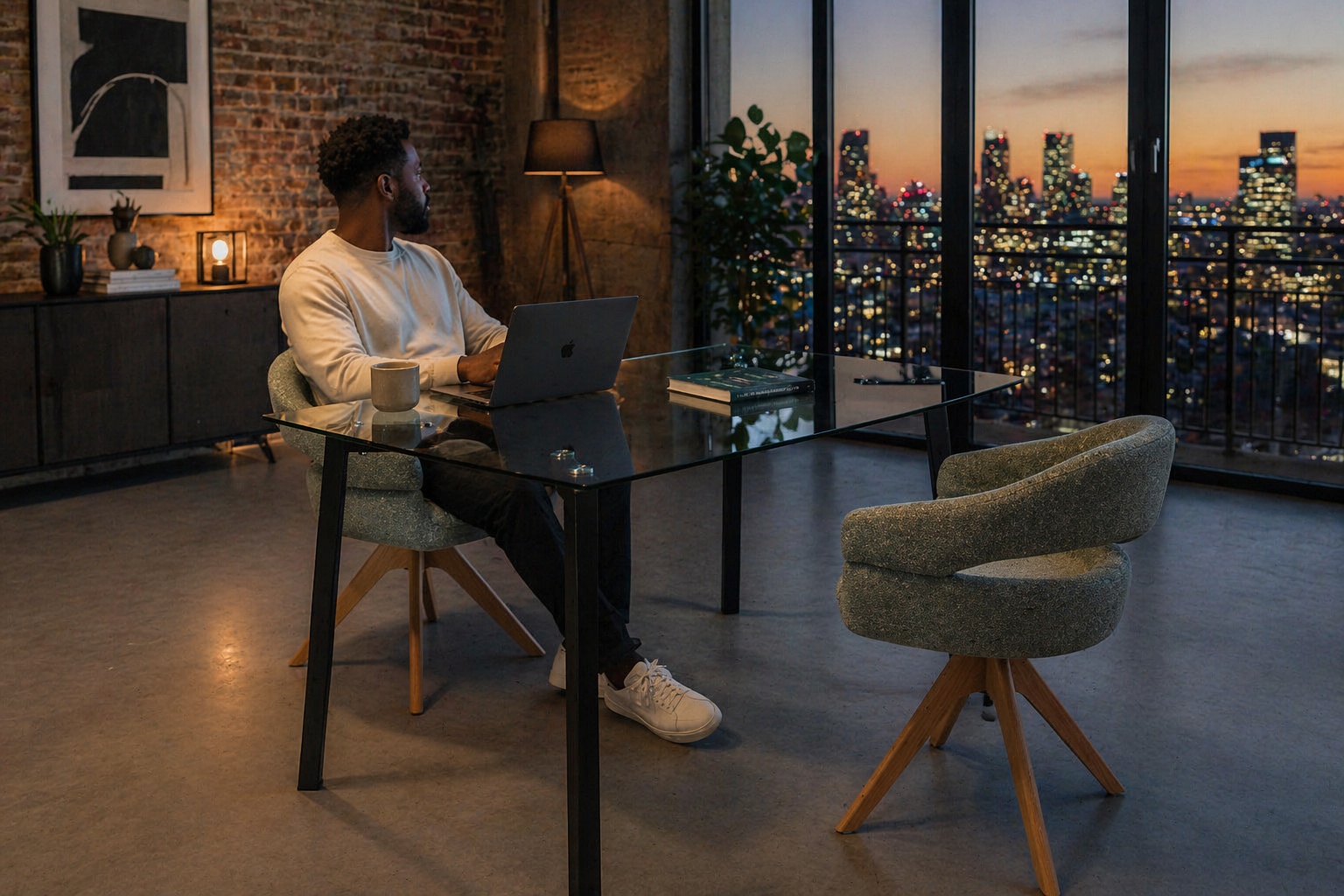 Man sitting in a silver-green velvet swivel dining chair at a glass dining table, looking out at a city skyline from an East London apartment at dusk [Interior Design Mockup]
