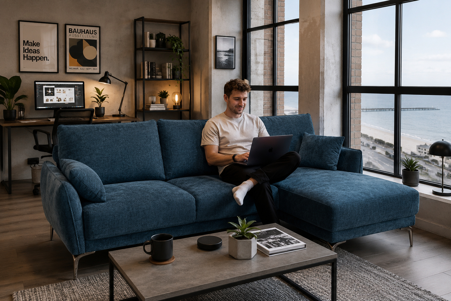 Blue corner chaise sofa used to divide a studio-style living room, creating a lounge area beside large windows with a coastal view [Interior Design Mockup]