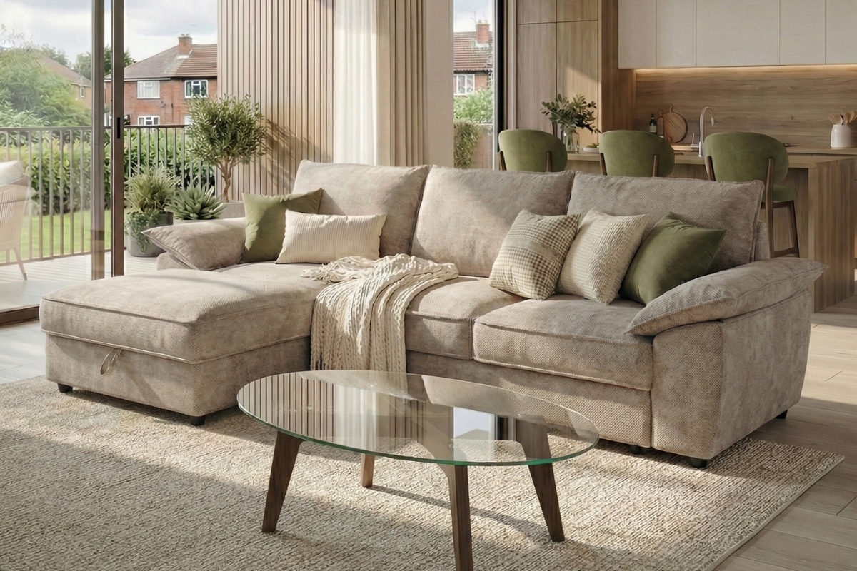 L shape corner sofa in a modern open plan living room with neutral tones and natural light [Interior Design Mockup]