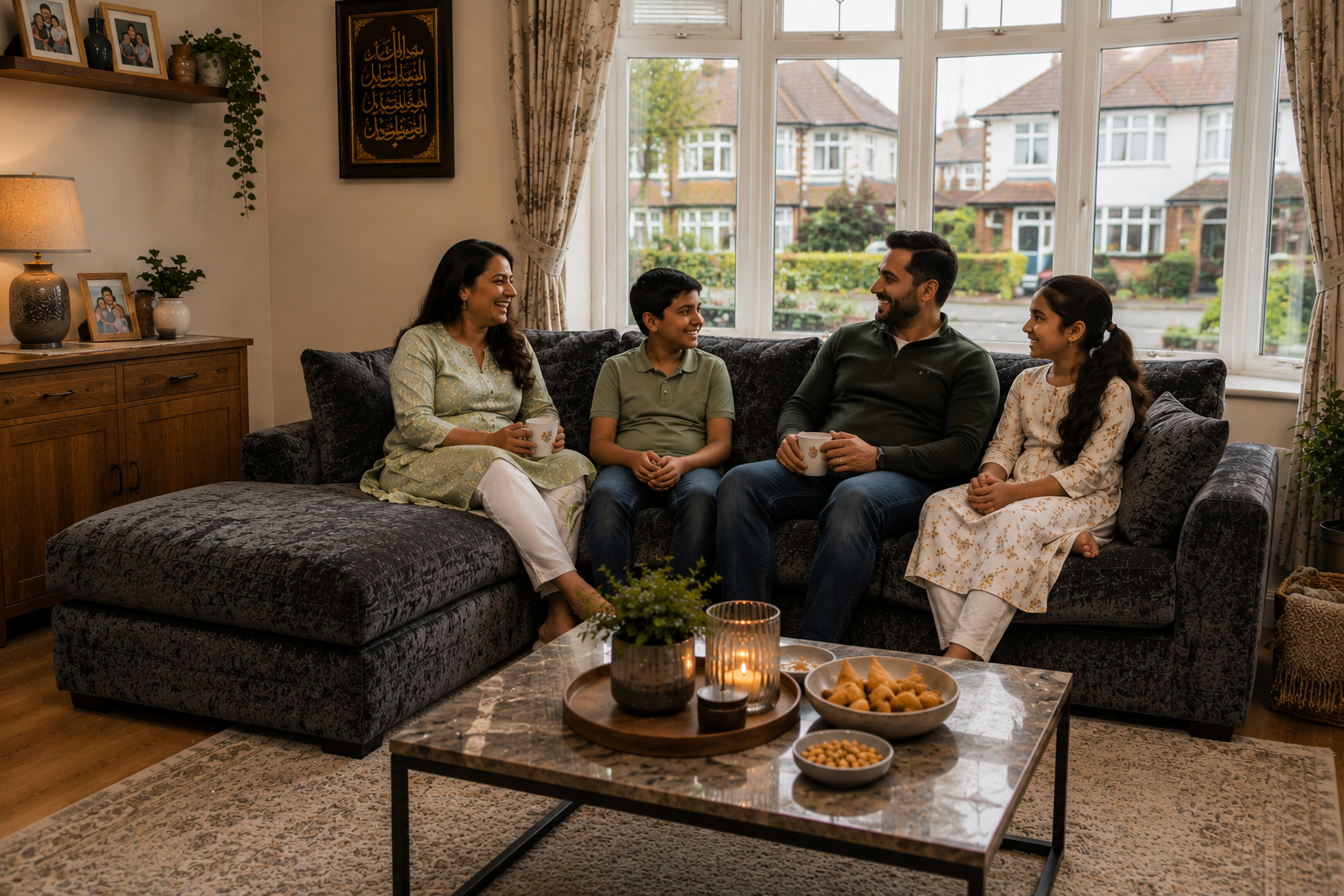 Grey L shape sofa in a warm suburban living room with a family sitting together, styled to maximise space and create a social seating layout [Interior Design Mockup]