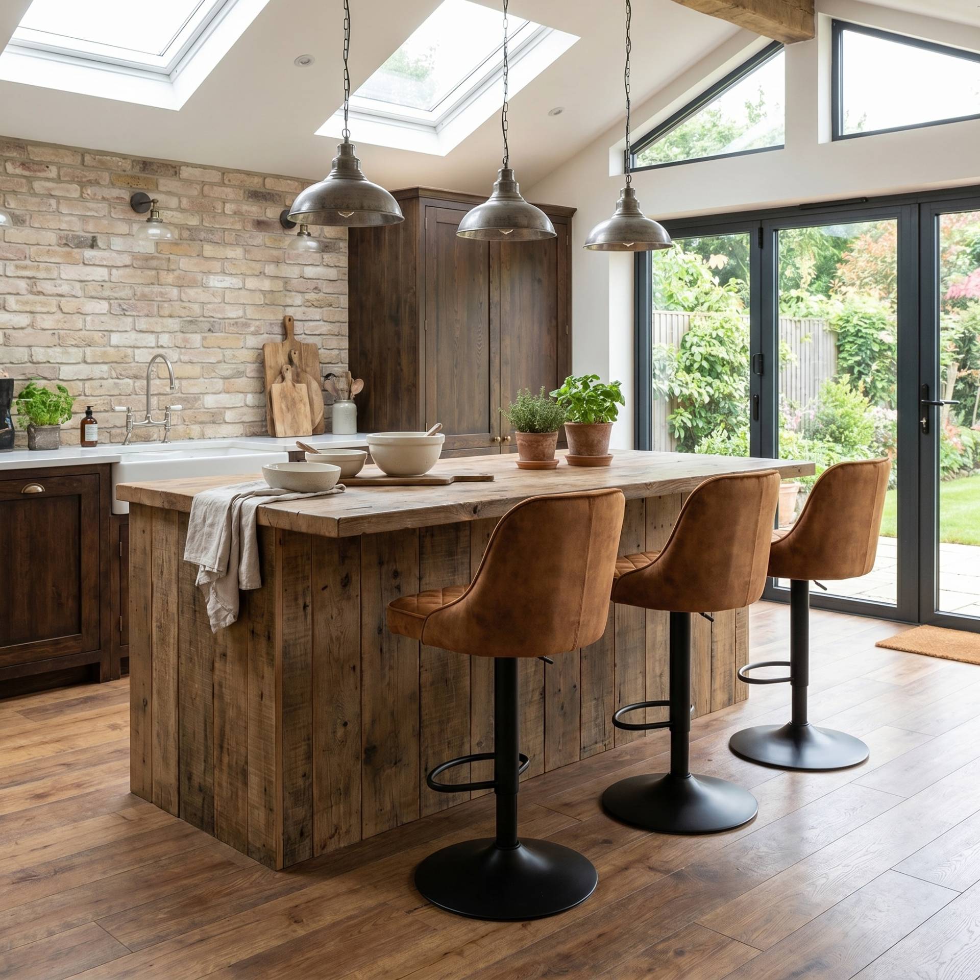 Venice burnt orange velvet swivel bar stools with black metal bases at a rustic wood island in a bright, modern kitchen