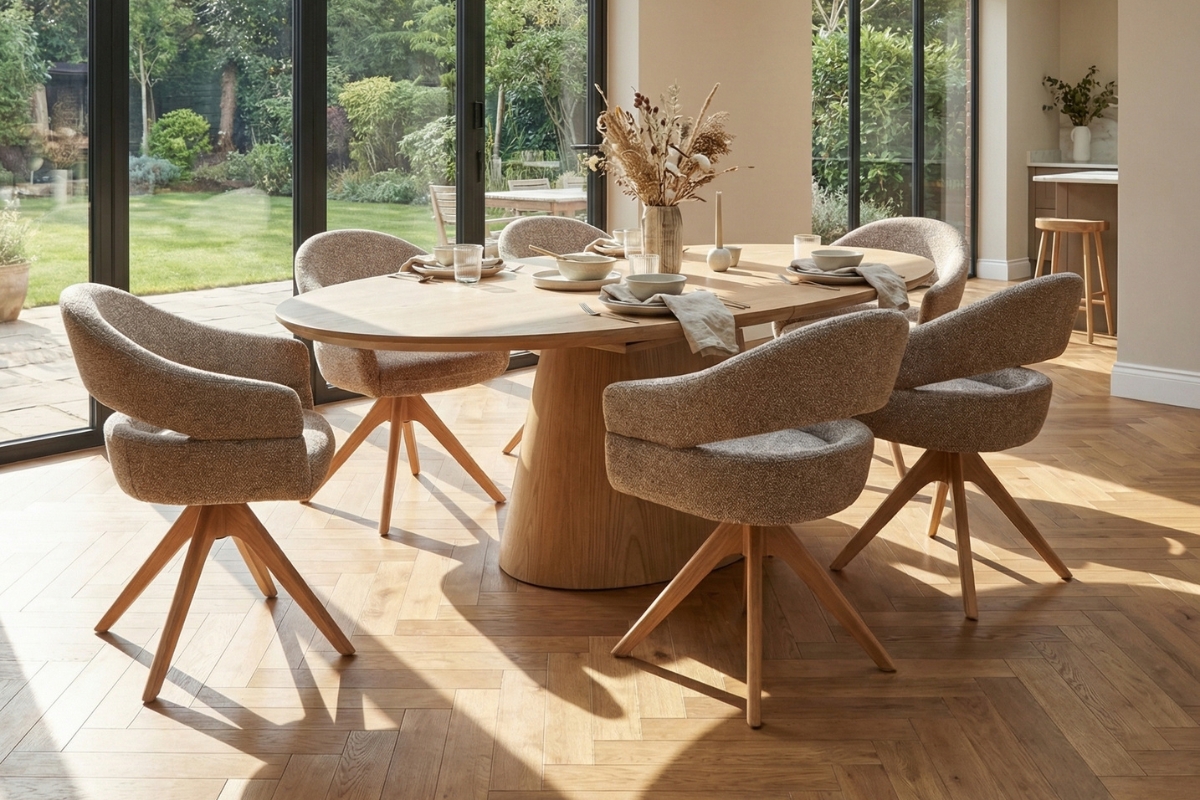 Modern dining room with upholstered swivel chairs around a oval wood table, styled with neutral tableware
