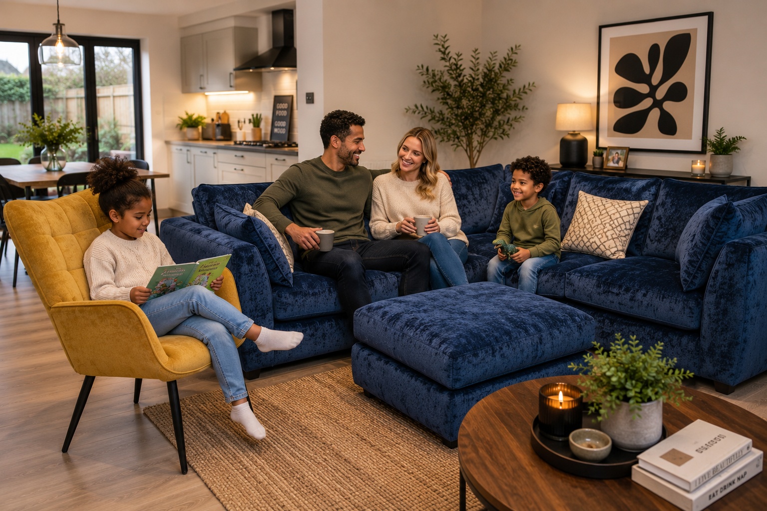 Marcus and family relaxing in a modern Billericay living room with blue corner sofa and yellow accent chair [Interior Design Mockup]
