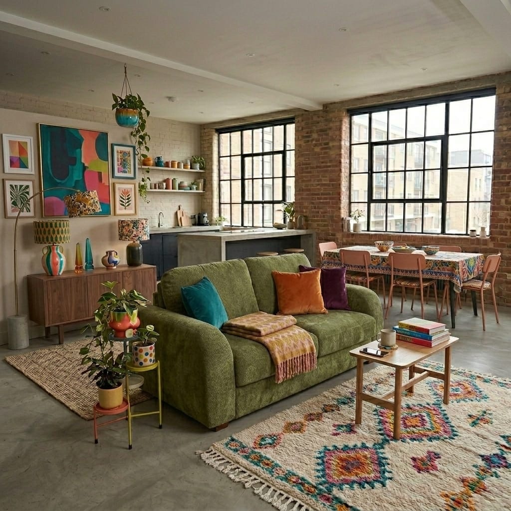 Colourful dopamine decor living room with a green sofa, bright cushions, plants and patterned textiles [Interior Design Mockup]