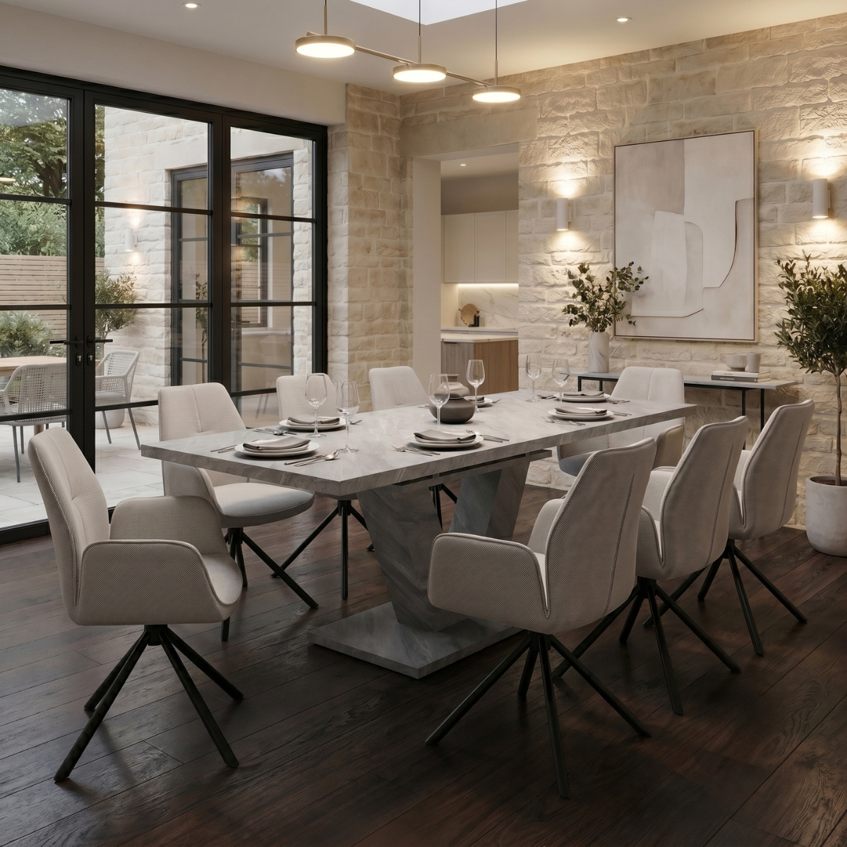 Extending Sintered Stone Dining Table 8 Seater styled in a modern dining room with upholstered chairs and soft natural light [Interior Design Mockup]