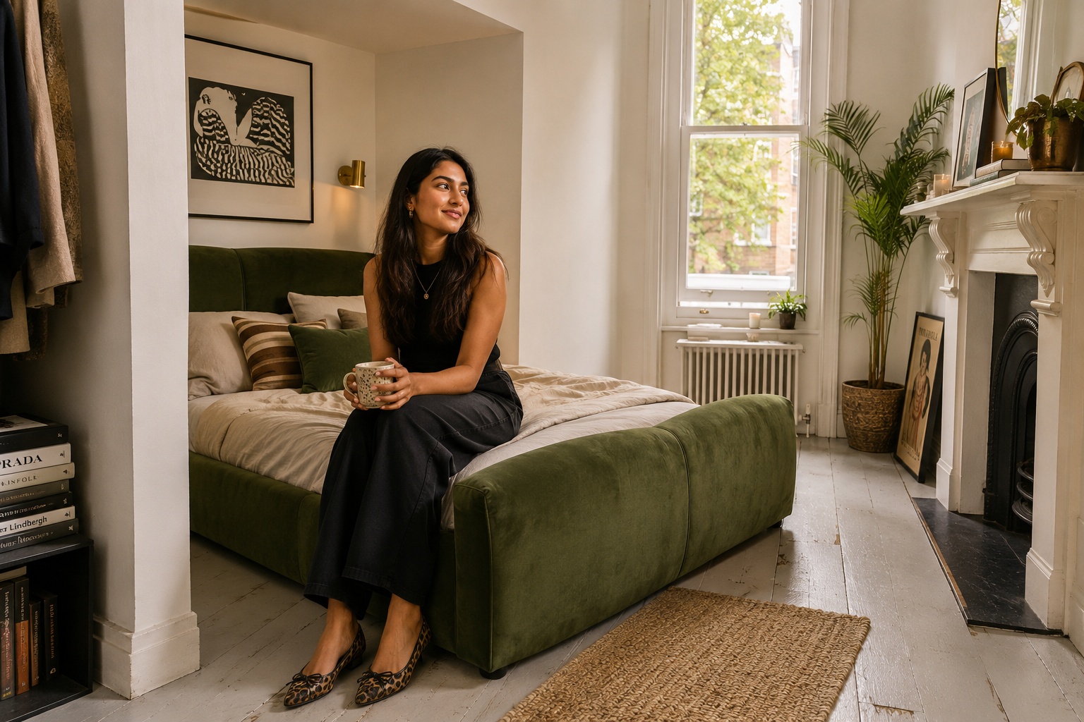 Bright narrow Victorian bedroom with a green velvet ottoman storage bed, natural light and calm modern styling [Interior Design Mockup]