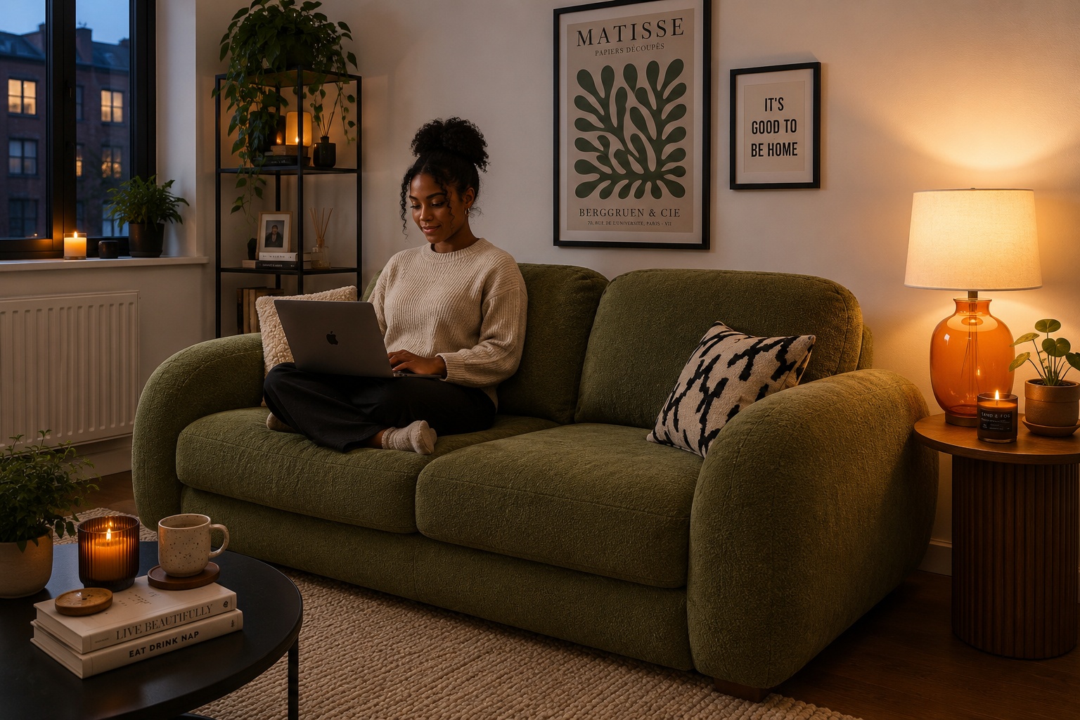 Modern 2.5 Seater Sofa Bed in Olive Green Chenille styled in an East London rented flat with orange glass table lamp [Interior Design Mockup]