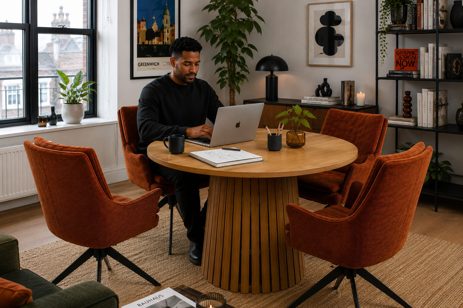 Modern home workspace with a round wood table and orange swivel chairs in a Greenwich apartment [Interior Design Mockup]