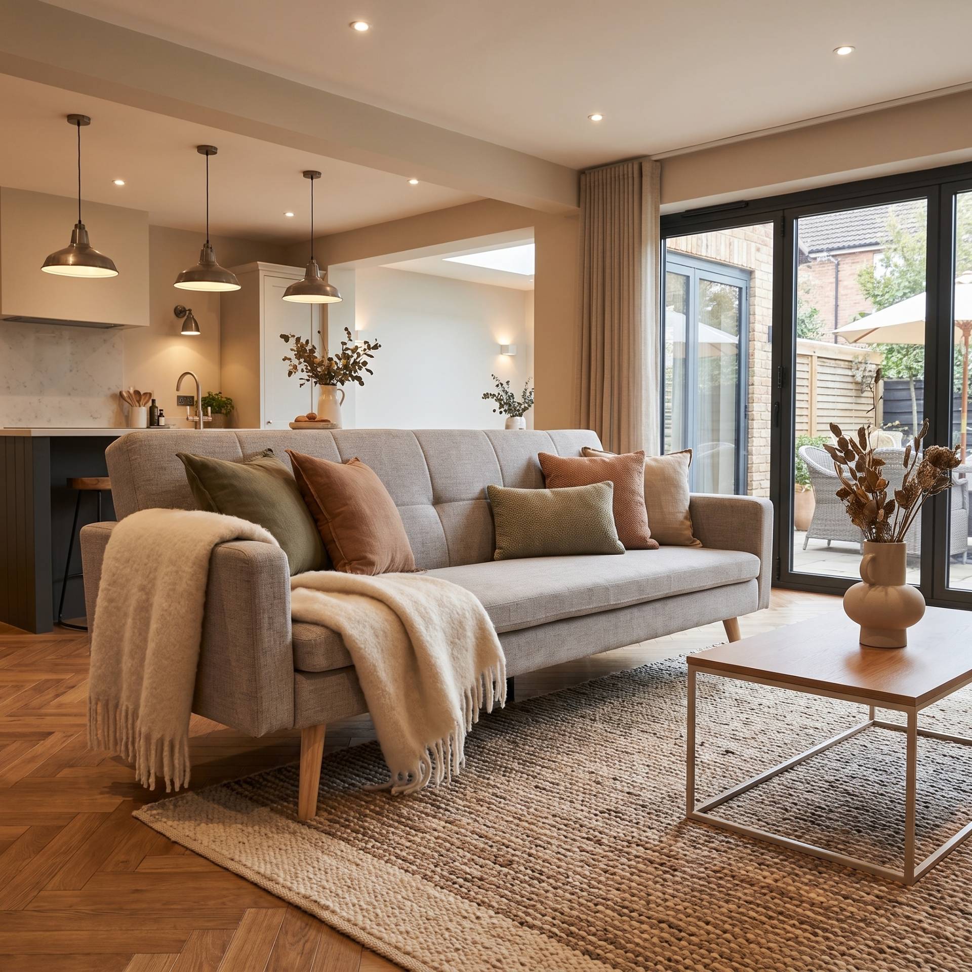 Beau light grey sofa bed with wooden legs styled with earthy cushions, cream throw, woven rug, light wood coffee table and plants in a bright open‑plan living space [Interior Design Mockup]