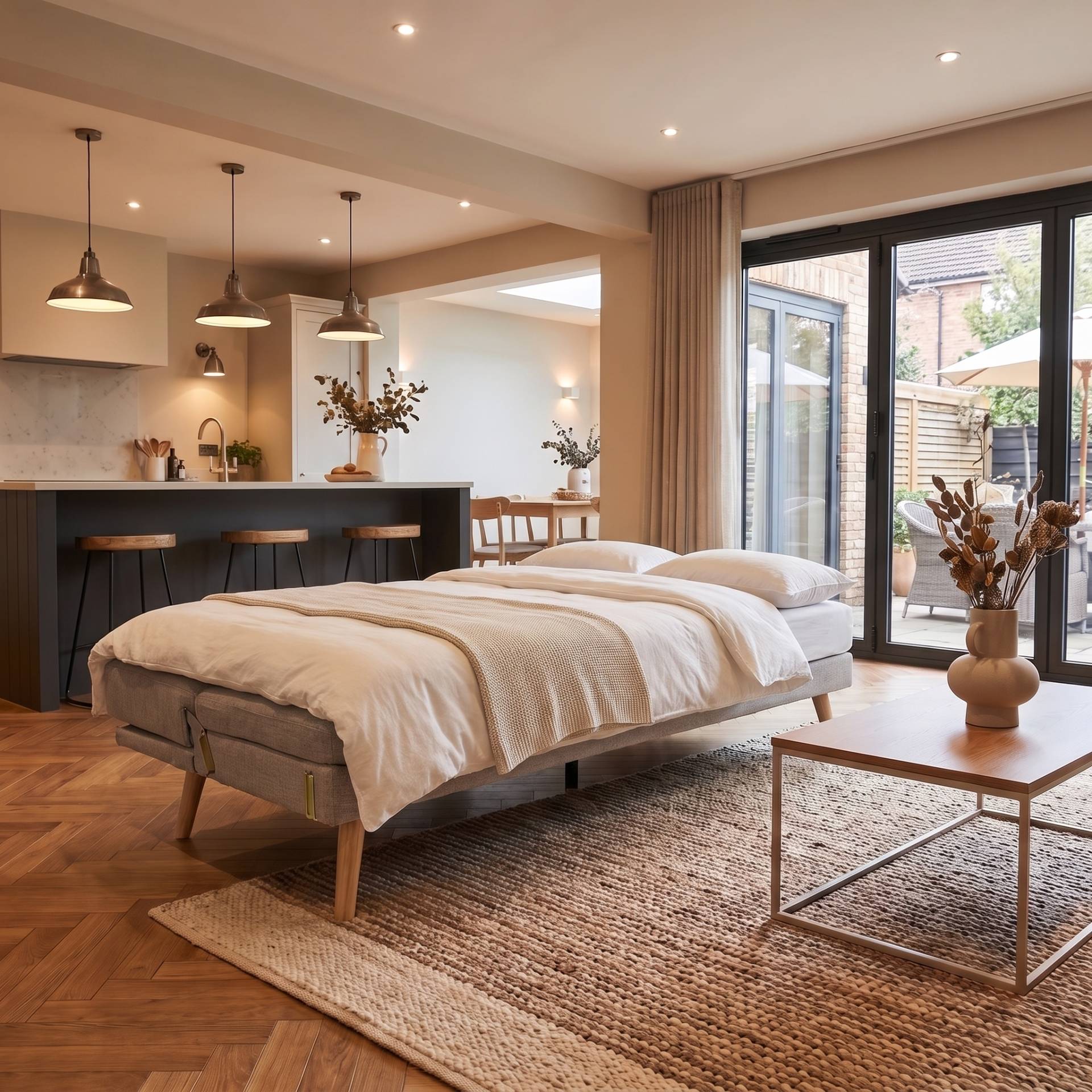 Open plan living space with a neatly made sofa bed, beige throw, woven rug, light wood table, dried flowers and a bright kitchen area behind [Interior Design Mockup]