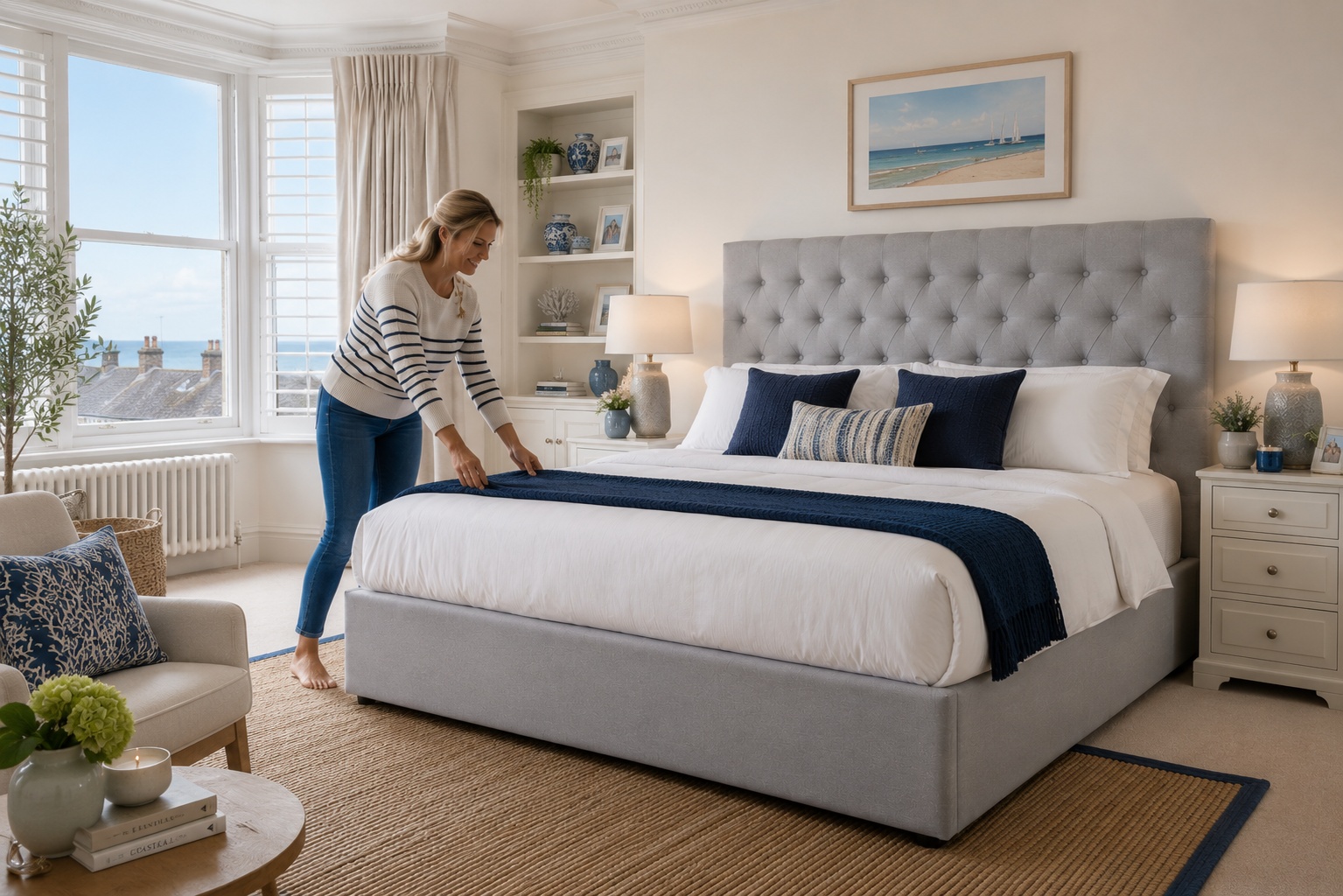 Bright coastal master bedroom with a 6ft super king ottoman storage bed [Interior Design Mockup]