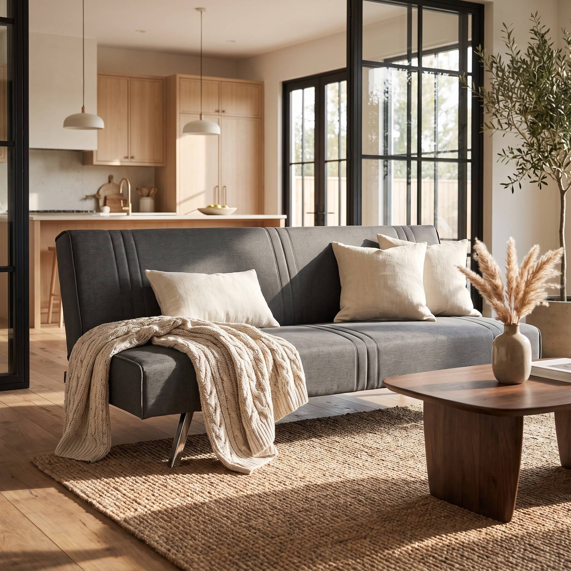 Knox dark grey sofa bed styled with neutral cushions, jute rug and wooden coffee table in a bright Scandi living room [Interior Design Mockup]