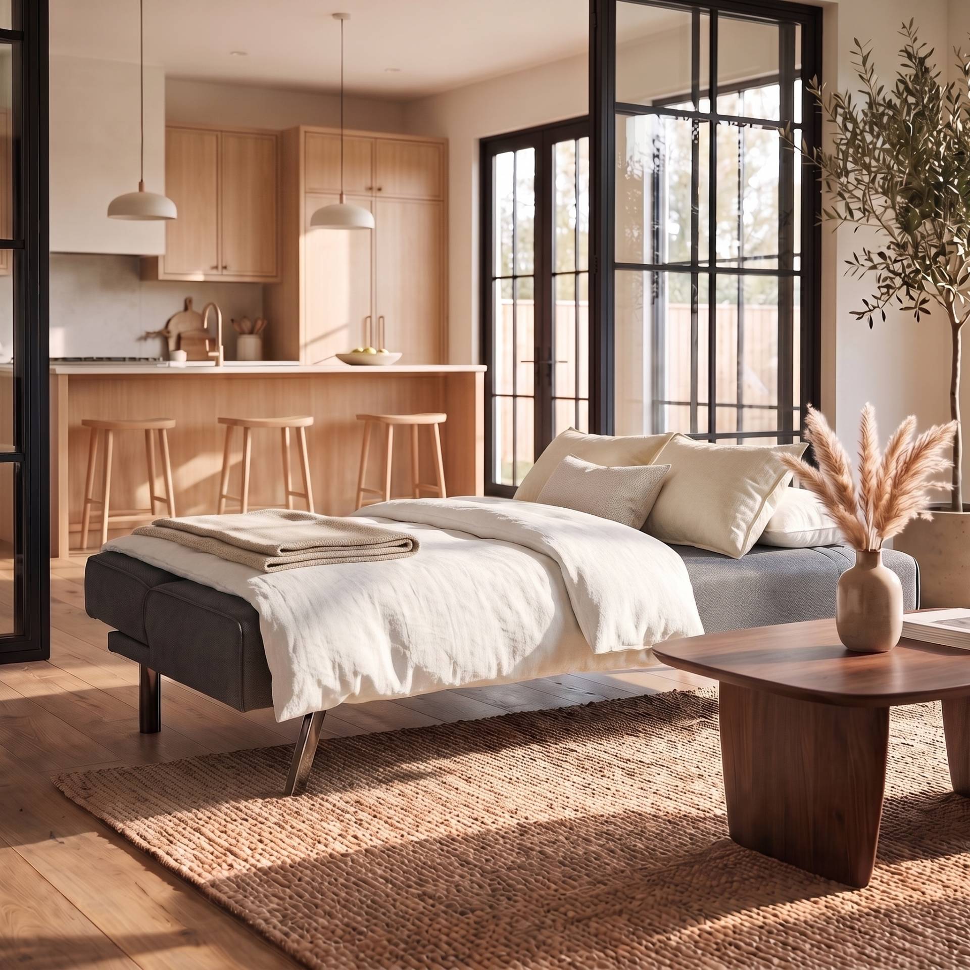 Knox dark grey sofa bed shown fully opened as a bed with cream bedding, jute rug, pampas grass and light wood kitchen in a modern Scandi home [Interior Design Mockup]