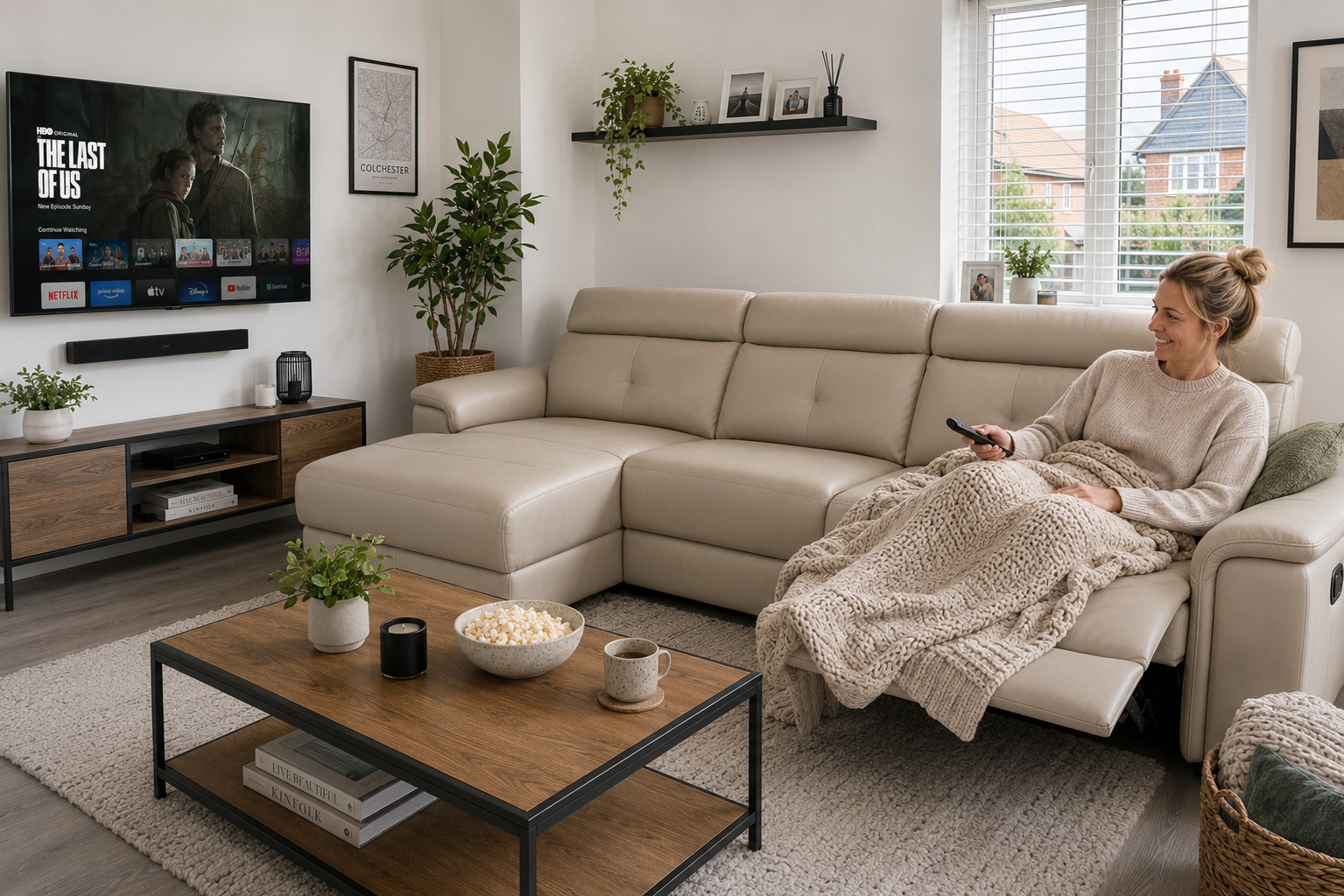 Leather air reclining corner sofa in a Colchester Essex family home with a parent watching TV under a blanket [Interior Design Mockup]