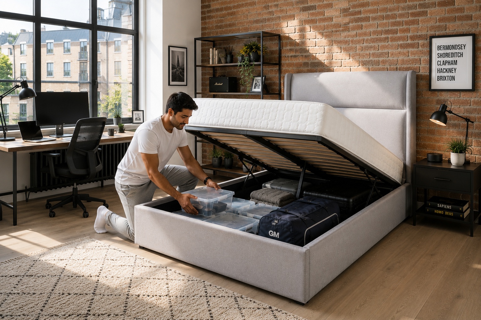 Modern London warehouse bedroom with exposed brick wall and light grey linen ottoman storage bed lifted open [Interior Design Mockup]