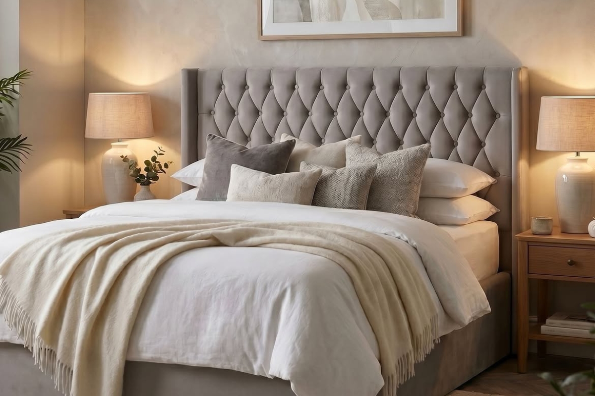 Neutral bedroom with a premium upholstered bed, layered pillows and wooden bedside tables
