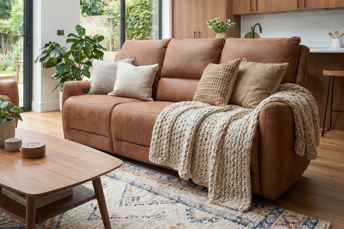 Warm living room with a tan recliner sofa and knitted throw, styled for a relaxed film night