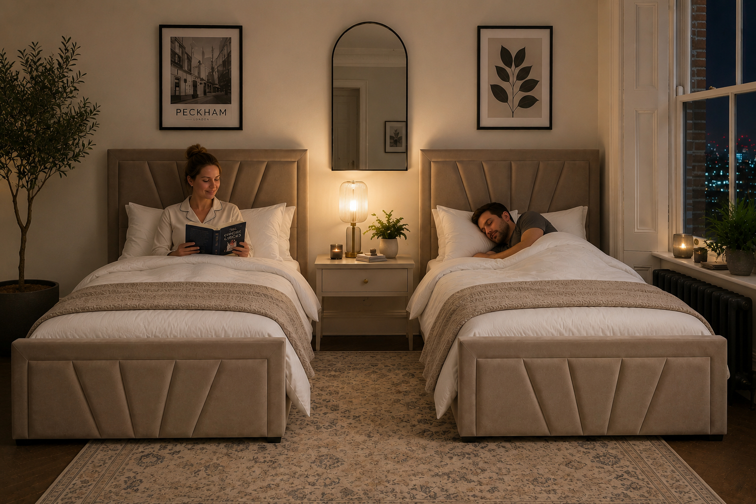 Two upholstered ottoman beds styled side by side in a calm Peckham bedroom designed for a sleep divorce setup [Interior Design Mockup]