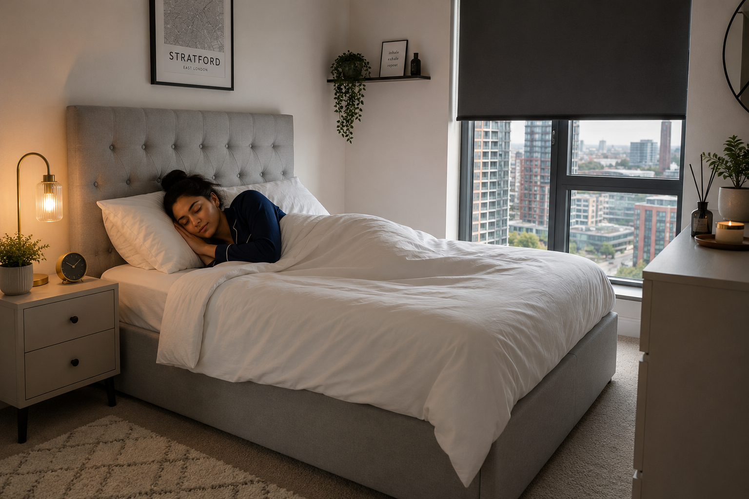 Light grey ottoman bed in a Stratford, East London flat styled for a calm sleep divorce setup [Interior Design Mockup]