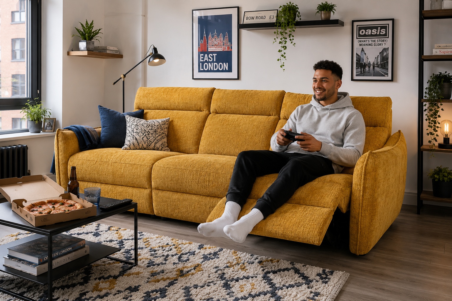 Yellow power recliner in a Bow East London flatshare lounge with a man playing video games on the sofa [Interior Design Mockup]